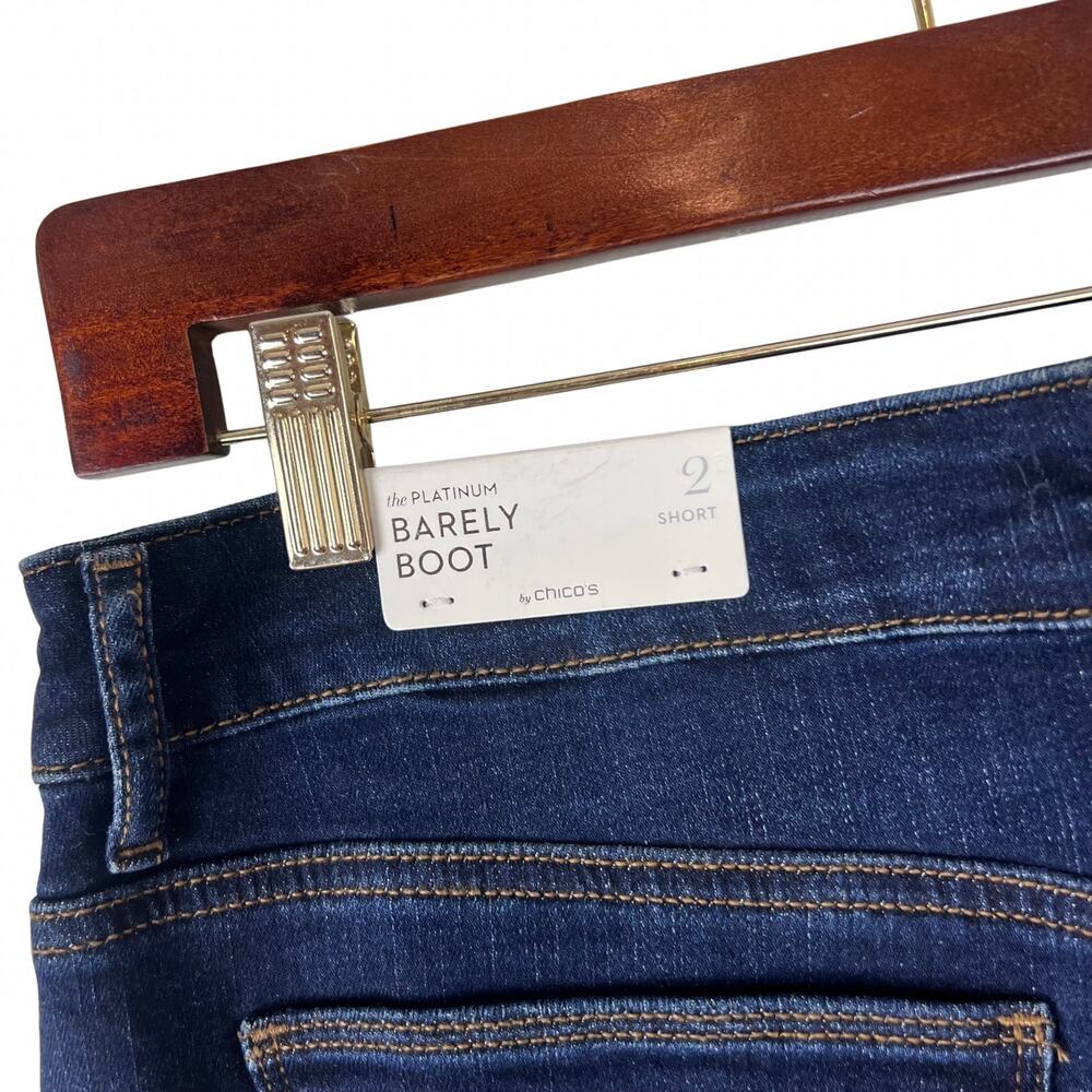 Chico’s The Platinum Barely Boot Jeans Dark Wash Mid Rise Stretch Size 12 Short - Picture 5 of 6